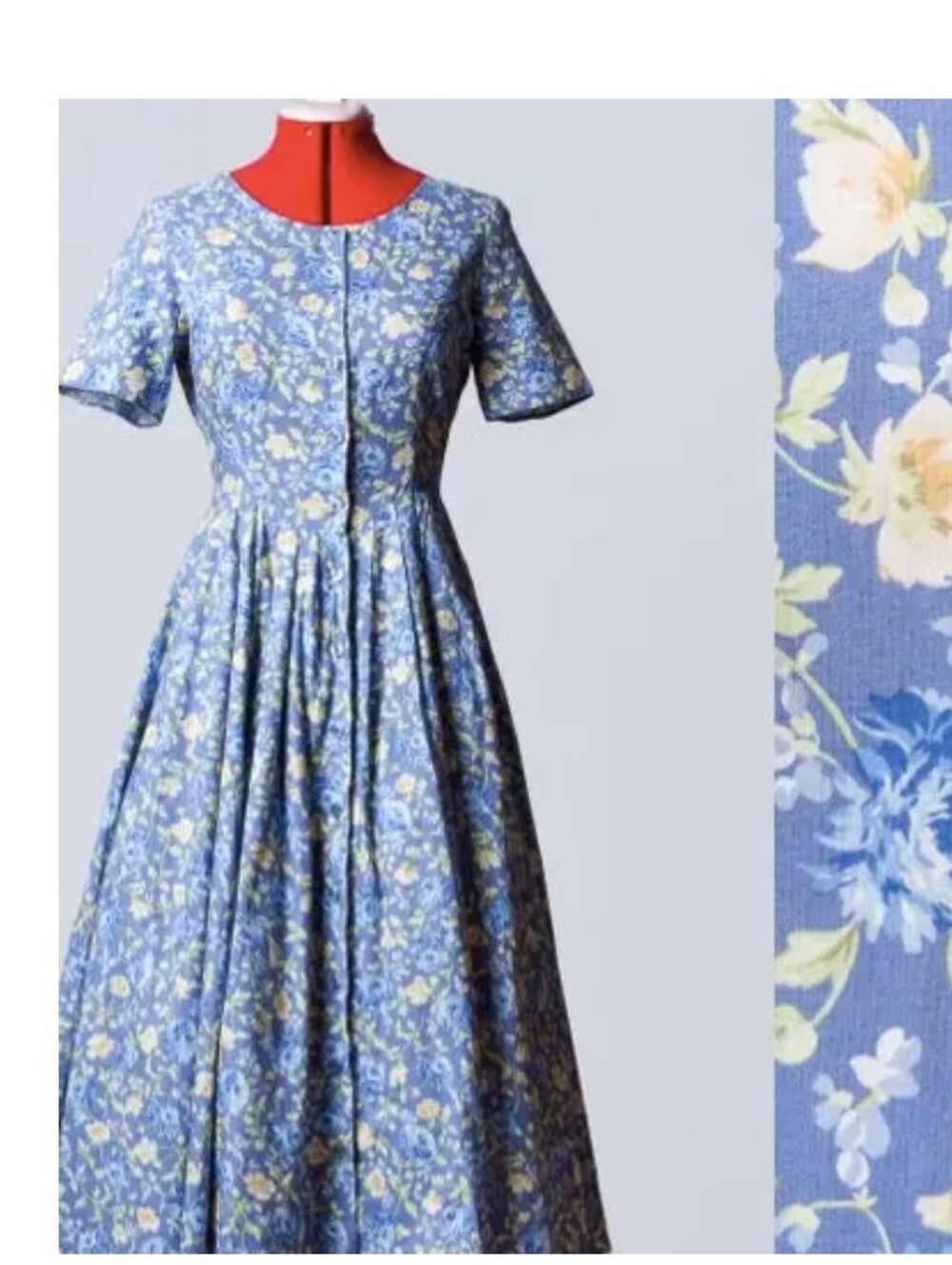 80s Laura Ashley Cotton Sun Dress. Midi, Cornflower, Pleats